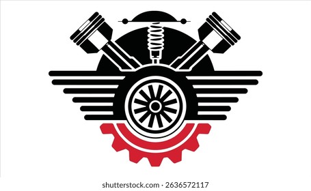 Motorcycle Engine Icon. Piston and Gear Mechanic Symbol Vector.