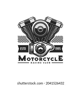 Motorcycle engine icon with vector motor bike or chopper vehicle two cylinder piston engine. Biker or racing sport club, garage, repair service and motorbike spare part shop isolated symbol design