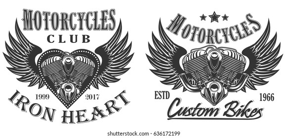 Motorcycle engine. Monochrome style, iron heart vector illustration