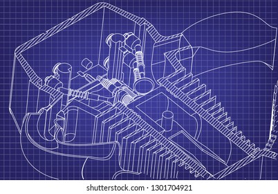 Motorcycle engine on a blue background. Drawing