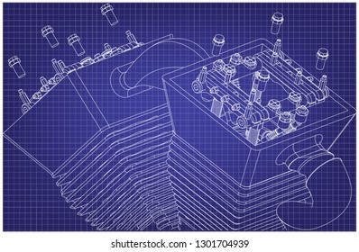 Motorcycle engine on a blue background. Drawing