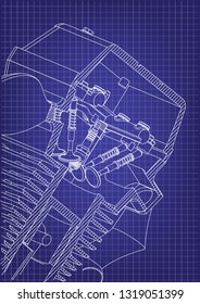 Motorcycle engine on a blue background. Drawing