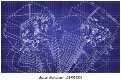 Motorcycle engine on a blue background. Drawing