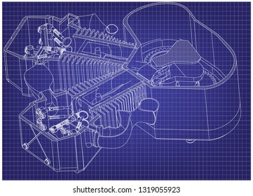 Motorcycle engine on a blue background. Drawing