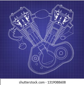 Motorcycle engine on a blue background. Drawing