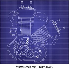 Motorcycle engine on a blue background. Drawing