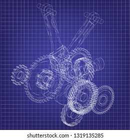 Motorcycle engine on a blue background. Drawing