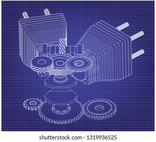 Motorcycle engine on a blue background. Drawing