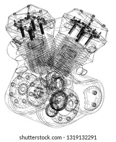 Motorcycle engine on a white background. Drawing