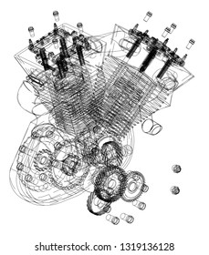 Motorcycle engine on a white background. Drawing