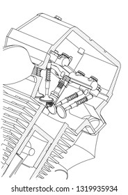 Motorcycle engine on a white background. Drawing