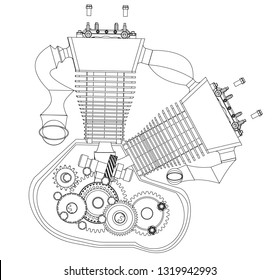 Motorcycle engine on a white background. Drawing