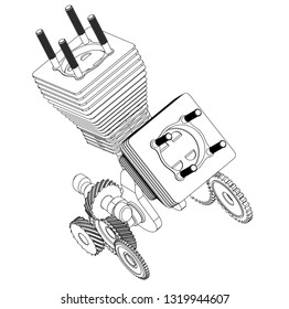 Motorcycle engine on a white background. Drawing