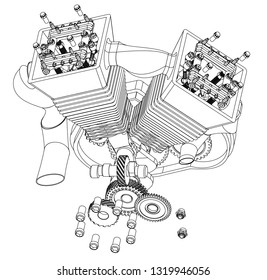 Motorcycle engine on a white background. Drawing