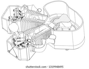Motorcycle engine on a white background. Drawing