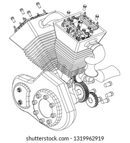 Motorcycle engine on a white background. Drawing