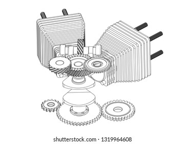 Motorcycle engine on a white background. Drawing