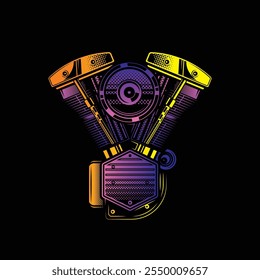 Motor de motocicleta. Ilustração vetorial original em estilo vintage. Design de camiseta. Desenhado à mão, não com IA