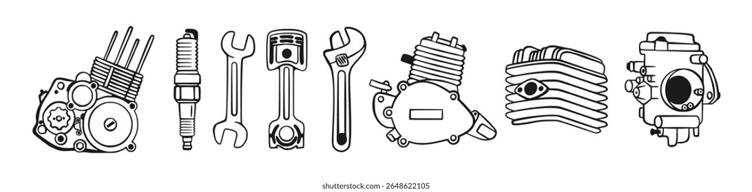 Peças de motor de motocicleta e ilustrações de ferramentas mecânicas para reparação e oficina design temático em estilo de esboço vintage.