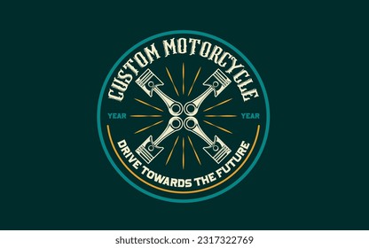 Motorcycle engine piston logo crossed silhouette and retro vintage style suitable for motorcycle community logo graphic design and t-shirt printing