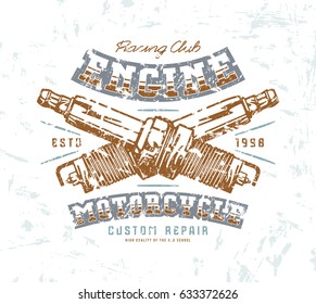 Motorcycle engine repair emblem. Graphic design for t-shirt with image of spark-plug. Color print on white background