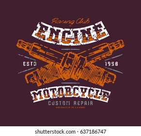 Motorcycle engine repair emblem. Graphic design for t-shirt with image of spark-plug. Color print on burgundy background