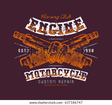 Motorcycle engine repair emblem. Graphic design for t-shirt with image of spark-plug. Color print on burgundy background