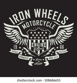 Motorcycle engine repair typography, t-shirt graphics, vectors