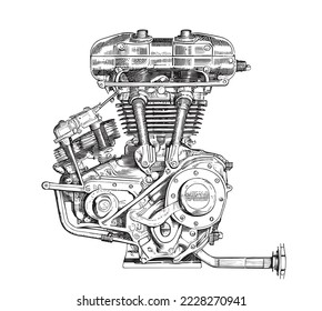 Motorcycle engine sketch hand drawn engraved style Engineering Vector illustration.