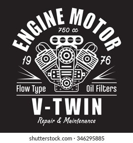 Motorcycle engine typography, t-shirt graphics, vectors