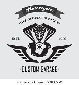 Motorcycle engine v twin with two wings vector flat icon logo emblem illustration