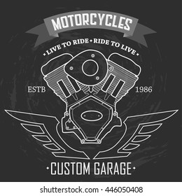 Motorcycle engine v twin with two wings vector line icon logo emblem illustration. Motorcycle custom garage banner. White on black background