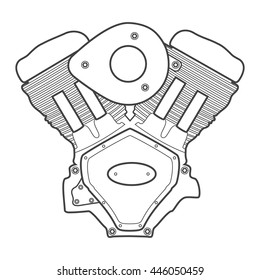 Motorcycle engine v twin vector line icon logo emblem illustration. black on white background