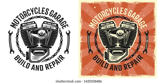 Motorcycle engine vector emblem, badge, label, logo or t-shirt print in two styles monochrome and vintage colored with removable grunge textures
