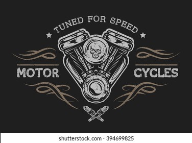 Motorcycle engine in vintage style. Emblem, symbol, t-shirt graphic. For dark background.