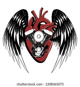 Motorcycle engine with wings against the background of the heart .