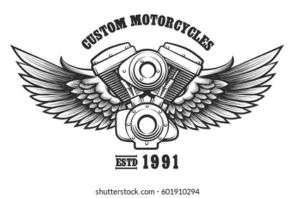 Motorcycle Engine And Wings In Tattoo Style With Wording Custom Motorcycle Workshop. Emblem, Symbol, Workshop Design Element. Vector Illustration.