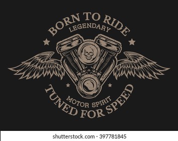 Motorcycle engine and wings in vintage style. Emblem, symbol, t-shirt graphic. For dark background.