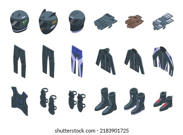Motorcycle equipment icons set isometric vector. Jacket helmet. Bike enduro