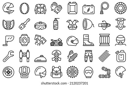 Motorcycle equipment icons set outline vector. Helmet jacket. Bike cover