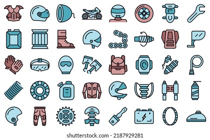 Motorcycle equipment icons set outline vector. Helmet jacket. Bike cover