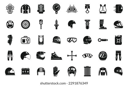 Motorcycle equipment icons set simple vector. Helmet bike. Cover enduro