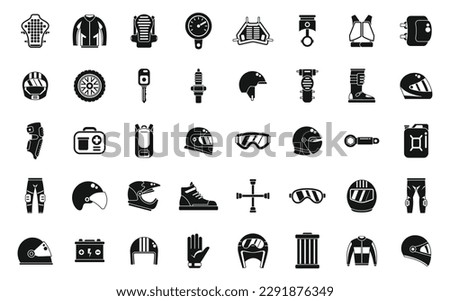 Motorcycle equipment icons set simple vector. Helmet bike. Cover enduro