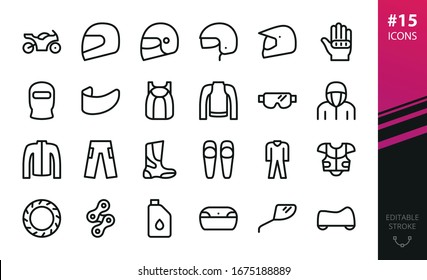 Motorcycle Equipment And Parts Vector Icons Set. Set Of Motorbike, Moto Helmet, Motorcycle Gloves, Balaclava, Visor, Jacket, Moto Boots, Knee Guards, Vest Protector, Race Suit, Enduro Goggles Icon