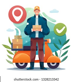 Motorcycle express delivery service. Vector illustration of young man courier delivery services holding a box.