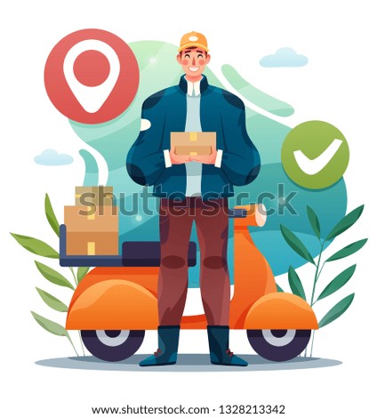Motorcycle express delivery service. Vector illustration of young man courier delivery services holding a box.