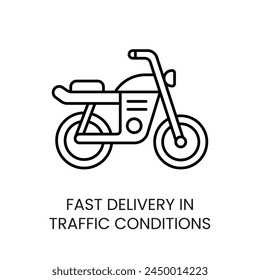 Motorcycle fast delivery in traffic, vector line icon with editable stroke