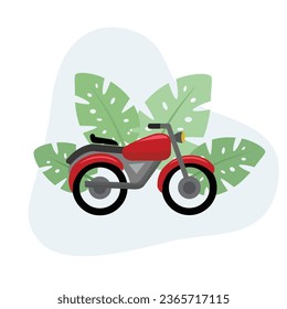 Vector de diseño plano de motocicleta Ilustración Icono decorado con hojas para uso web para transporte, deporte, moto, vehículo, ciclista.