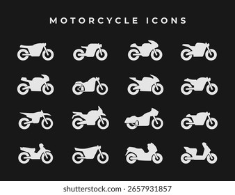 Motorcycle flat icons set. Different types of motorcycle simple white color logo symbol icon vector illustration