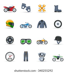 Motorcycle flat icons set with scooter helmet motor speedometer isolated vector illustration